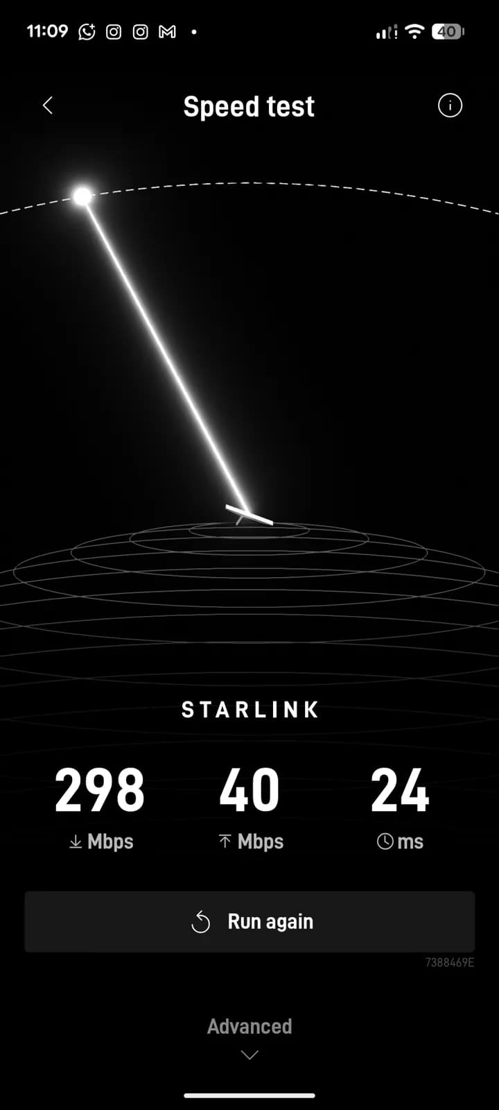 Starlink: The Starlink app speed test on a finished install: 298 Mbps down, 40 Mbps up, 24 ms latency in Zimbabwe