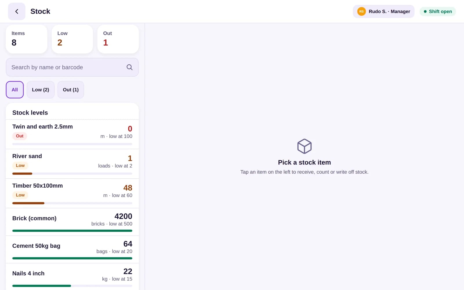 Techub POS stock page with levels in metres, bags and bricks, and low and out-of-stock items marked