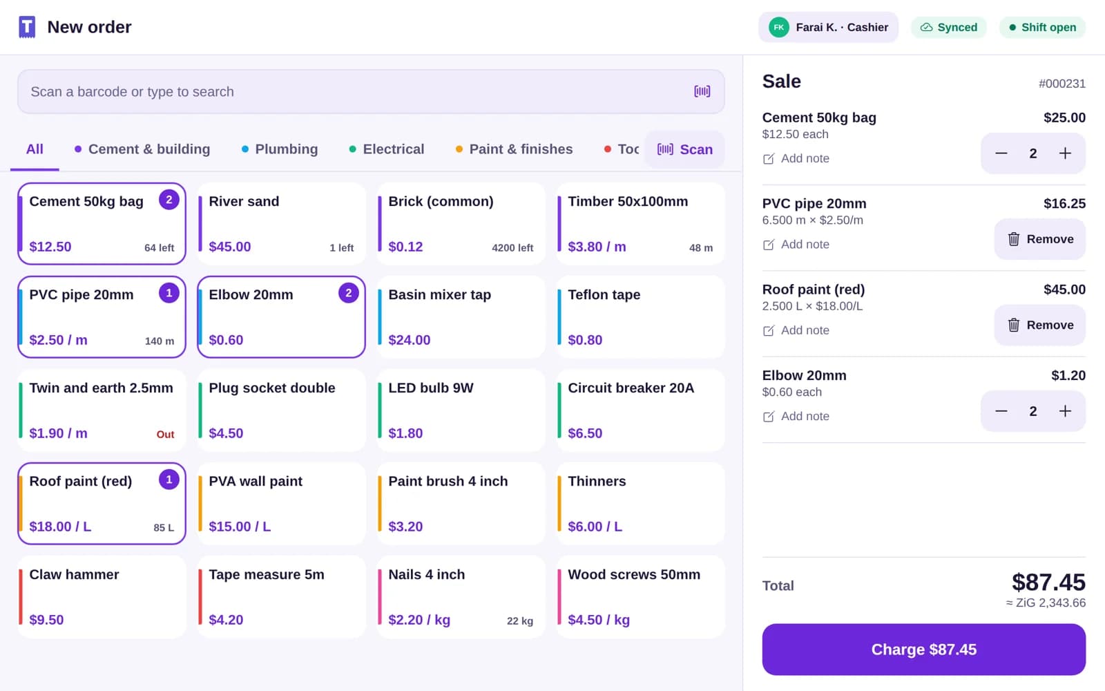 Techub POS till for a hardware shop: departments, items priced per metre and per litre, and a sale with a length of pipe and a measure of paint