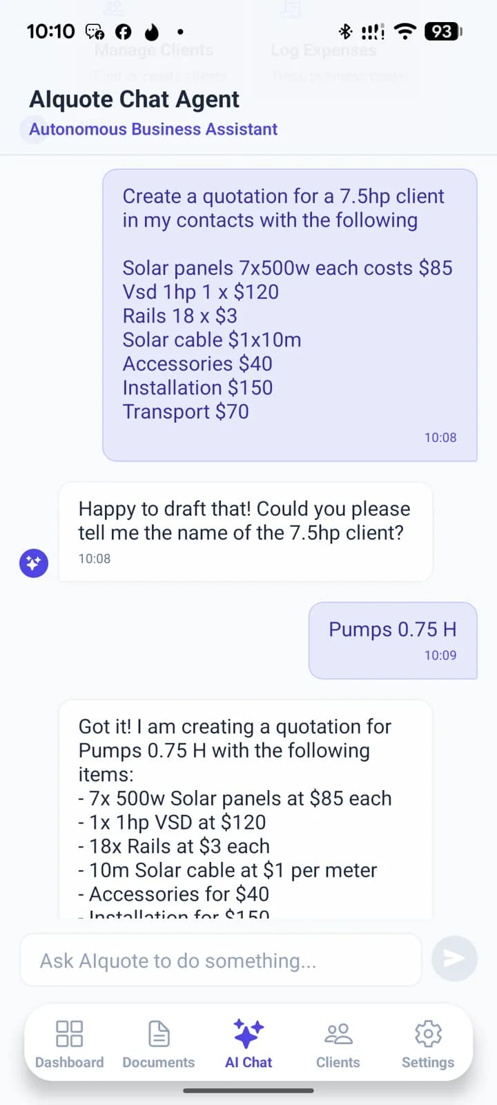 AI chat agent drafting a quotation from a typed request