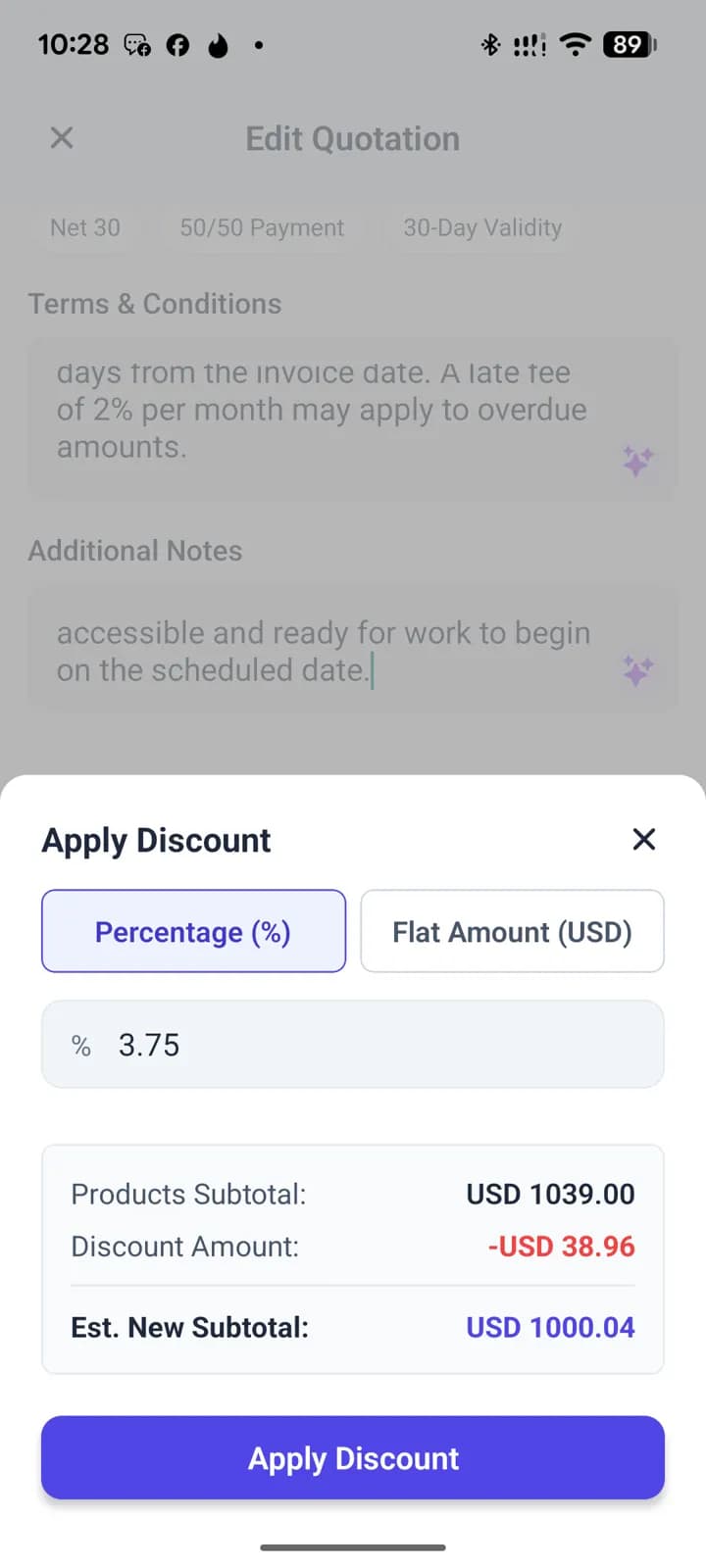 Applying a discount to a quotation