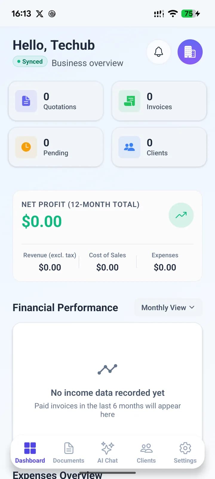 AI Quotation Maker dashboard with quotations, invoices, and net profit