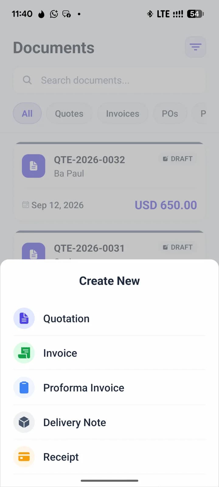 Documents list with quotations, invoices, and other saved documents