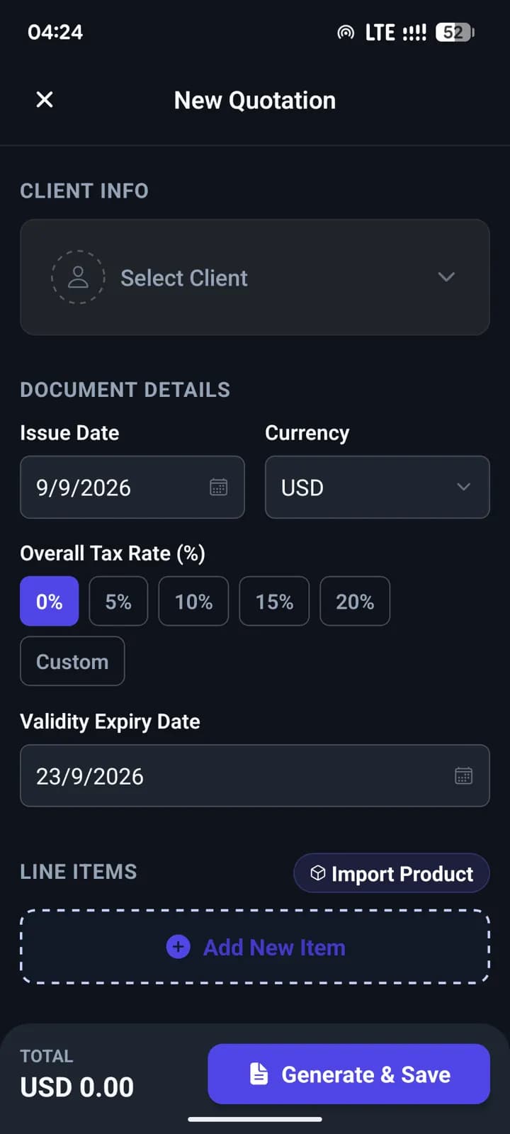 New quotation screen in dark theme